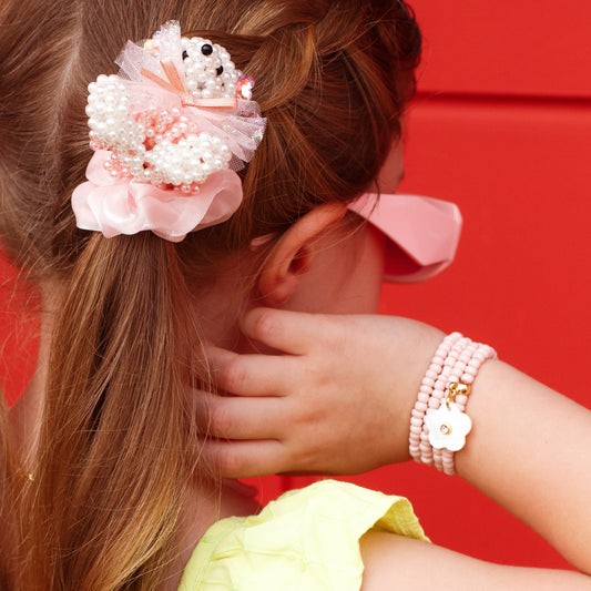 Pulseira Kit Infantil Cristais Rosa com Flor em Madrepérola Dourado