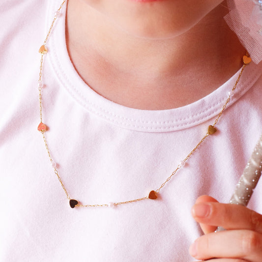 Colar Corações e Pérolas Dourado