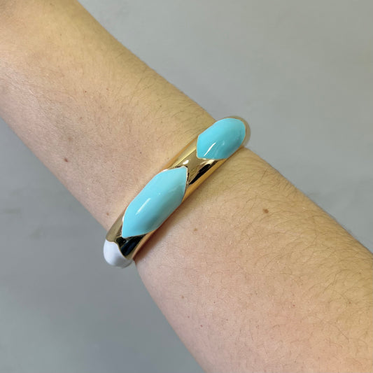 Pulseira Bracelete Detalhe Esmaltado Azul, Turquesa e Branco Dourado