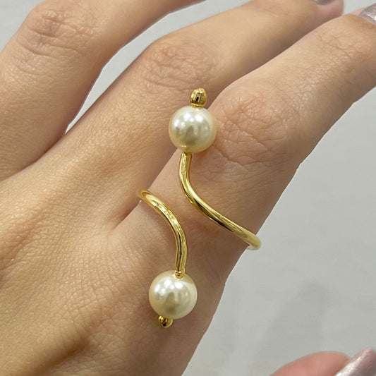 Anel Regulável Alongado Pérolas Dourado