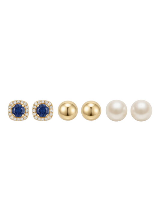 Trio de Brincos Dourado com Azul e Pérola