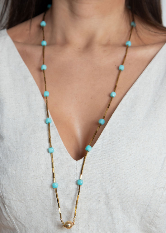Colar Longo Dourado com Turquesa