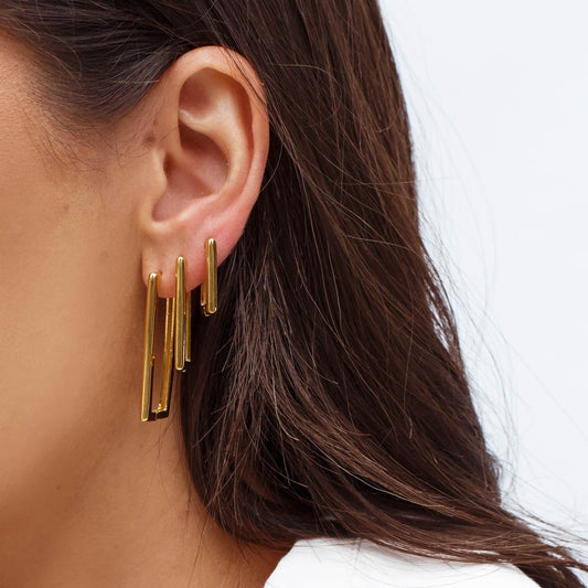 Brinco Trio Argola Retangulares Lisas Dourado