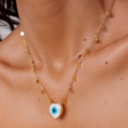 Colar Medalhinhas Olho Grego Coração Dourado