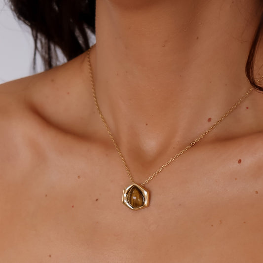 Colar Hexágono Pedra Natural Dourado