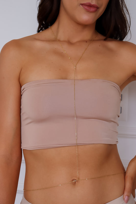 Body Chain Liso com Mini Coração e Zircônia Dourado