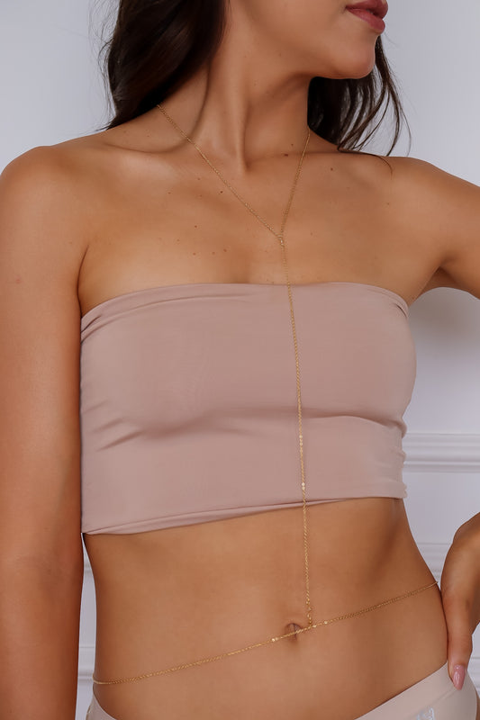 Body Chain Liso com Mini Coração e Zircônia Dourado