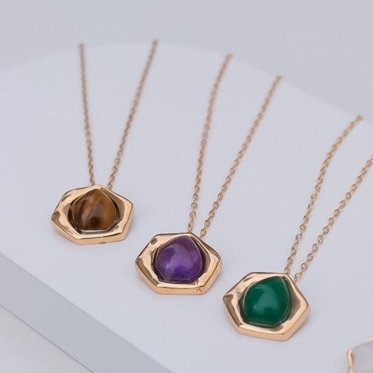 Colar Hexágono Pedra Natural Dourado