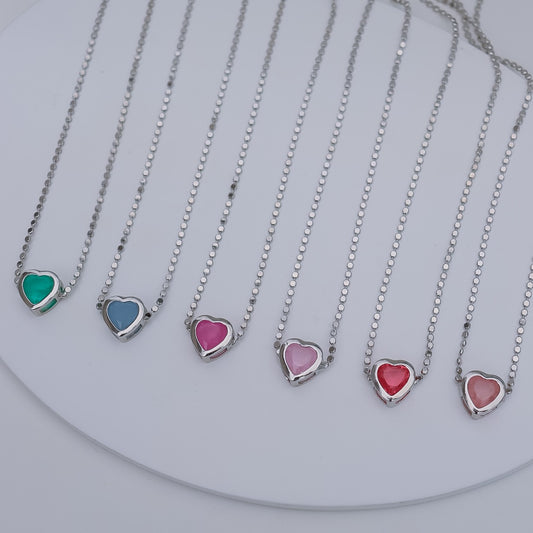Colar Corrente Bolinhas Coração Colorido Prateado