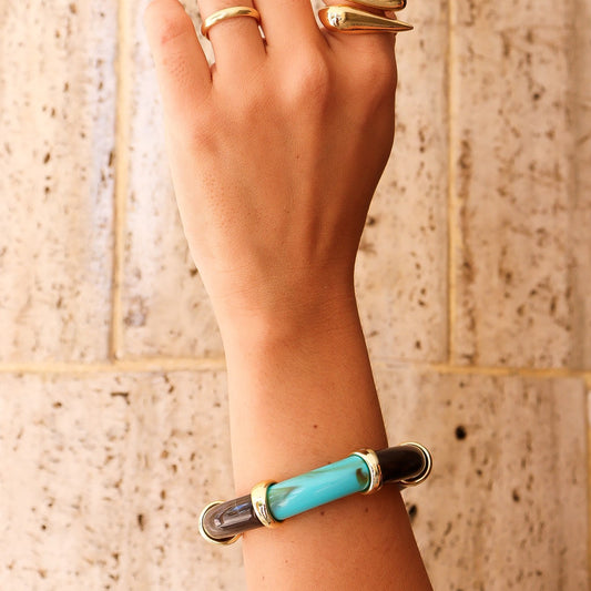 Pulseira Bracelete Cristais Resina Marrom com Detalhe Turquesa