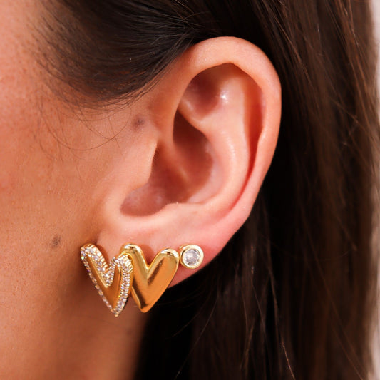 Brinco Trio Coração Liso e Cravejado com Ponto de Luz Dourado