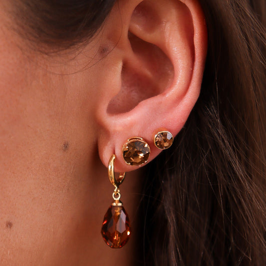 Brinco Trio Argola com Cristal e Pontos de Luz em Marrom Dourado