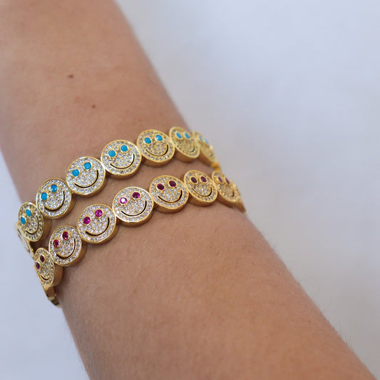 Pulseira Bracelete Aberto Smile Olho Rosa/Azul Dourado