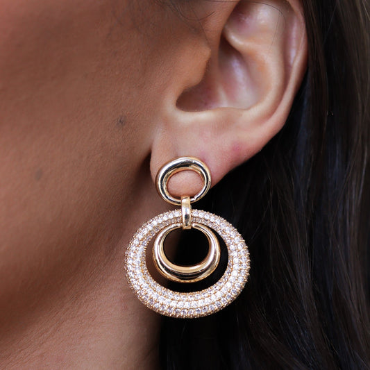 Brinco Ovais Lisos e Oval Maior Cravejado Dourado/Prateado