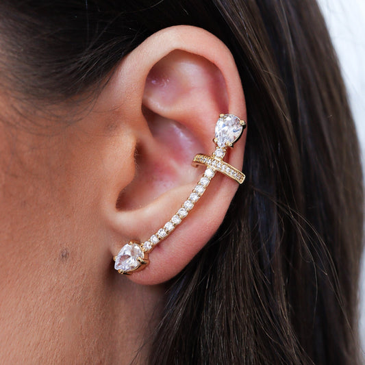 Brinco Ear Cuff Linha Cravejada e Gota Cristal Dourado