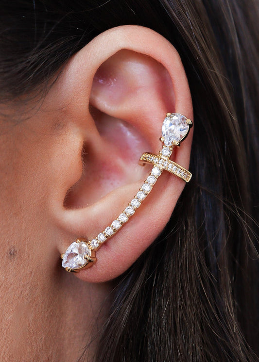 Brinco Ear Cuff Linha Cravejada e Gota Cristal Dourado
