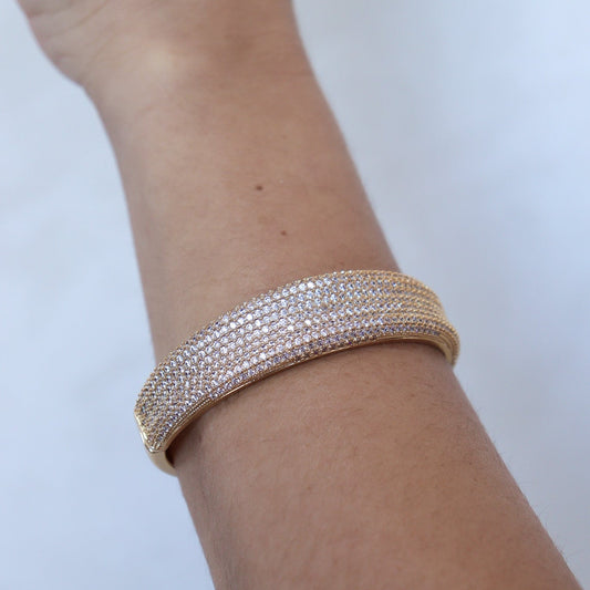 Pulseira Bracelete Largo Cravejado Dourado/Prateado