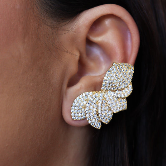 Brinco Ear Cuff Folhas Cravejadas Dourado