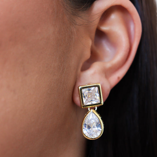 Brinco Quadrado e Gota Cristal Dourado