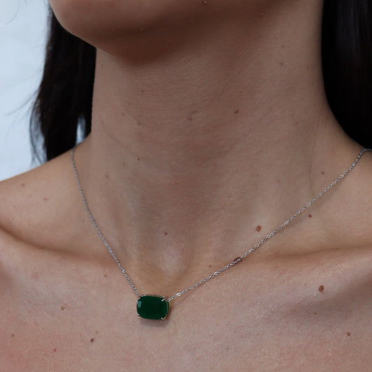 Conjunto Colar e Brinco Pedra Esmeralda Retangular Prateado