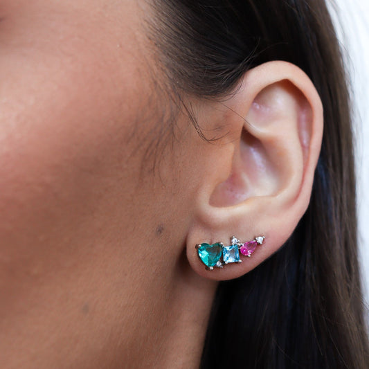 Brinco Ear Cuff Pequeno com Cristais Coloridos Prateado