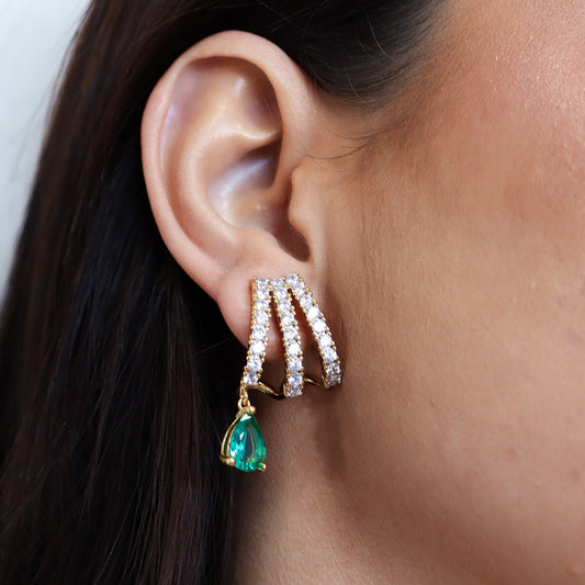 Brinco Triplo Cravejado com Gota Verde Dourado