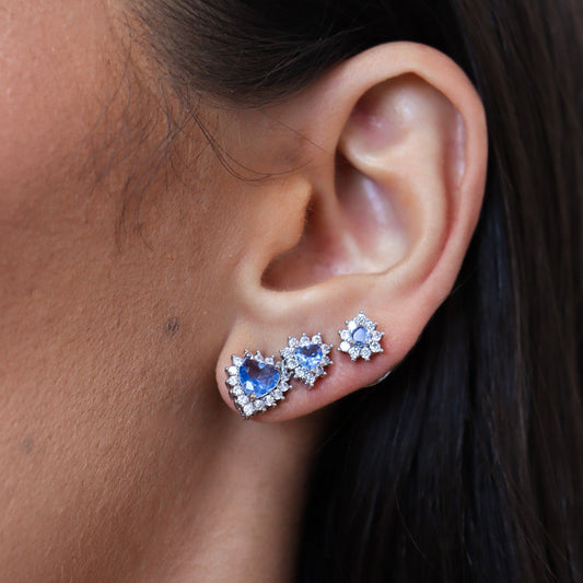 Brinco Trio Corações Azul com Entorno Cristal Prateado