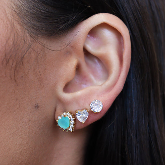 Brinco Trio Coração Aqua, Coração Cristal e Ponto de Luz Dourado