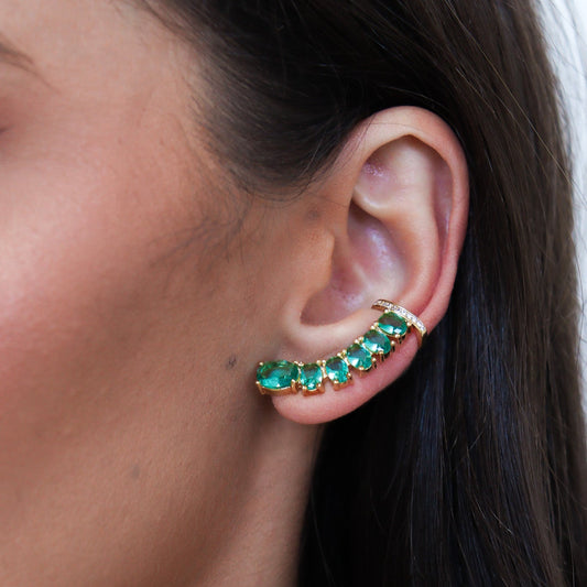Brinco Ear Cuff Ovais Verdes Dourado
