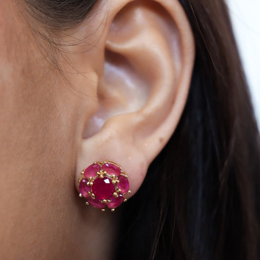 Brinco Flor Rosa/Verde Cravejado Dourado