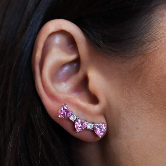 Brinco Ear Cuff Corações Coloridos/Cristais e Ovais Prateado