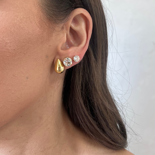 Brinco Trio Ponto de Luz, Redondo Cravejado e Gota Dourada