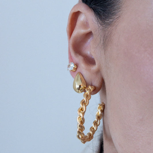 Brinco Trio Ponto de Luz, Gota Dourada e Argola Corrente