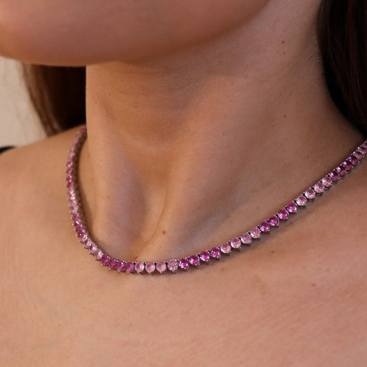 Colar Riviera Trama Rígida Degradê Rosa Escuro e Claro Prateado