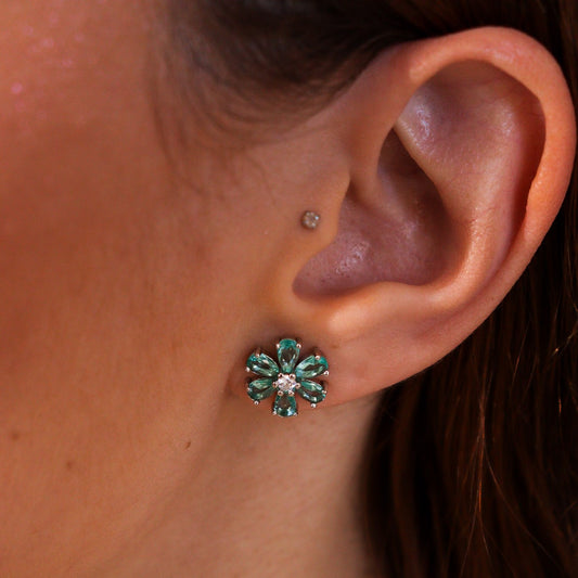 Brinco Flor Cravejada Colorida Prateado