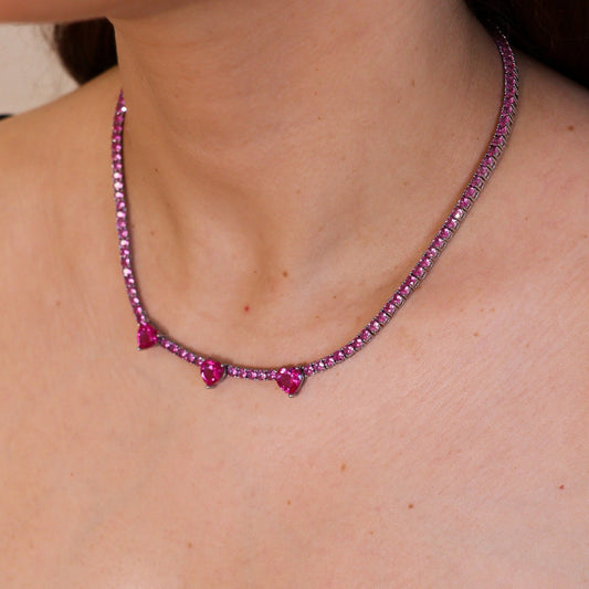 Colar Riviera Rosa com Corações Prateado