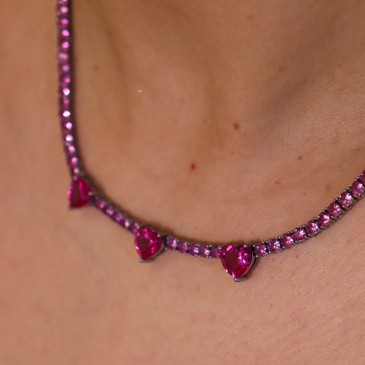 Colar Riviera Rosa com Corações Prateado