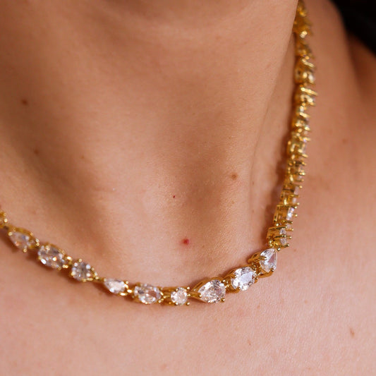 Colar Riviera Gota, Oval e Redondo Cristal Dourado