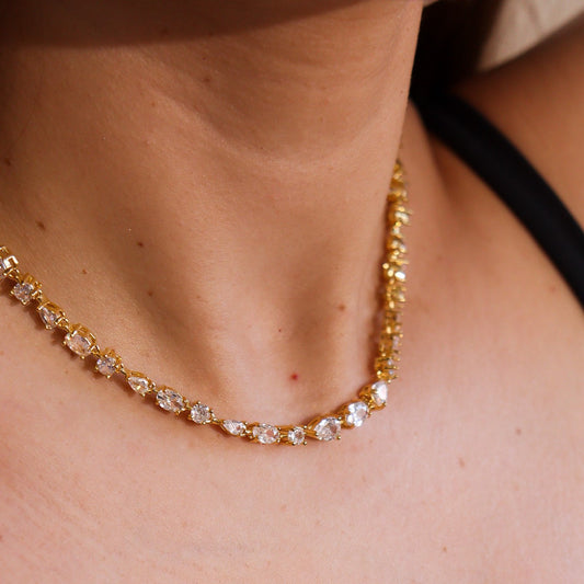 Colar Riviera Gota, Oval e Redondo Cristal Dourado