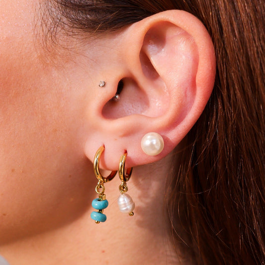 Brinco Trio Argola Cristais Turquesa e Pérola Dourado