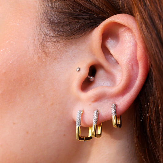 Brinco Trio Argolas Retangulares com Detalhe Cravejado Ródio Dourado