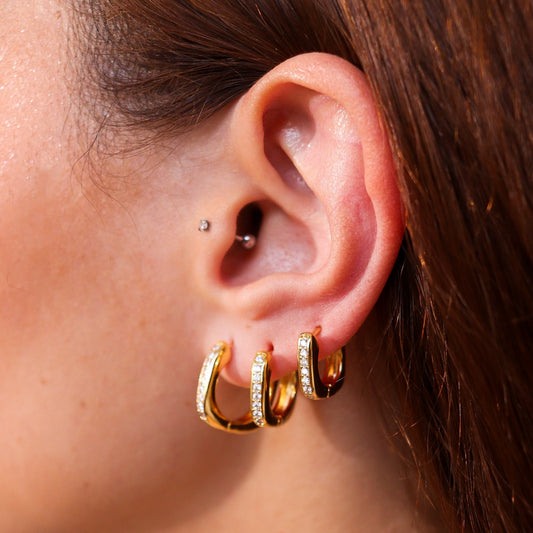 Brinco Trio Argolas Quadradas com Entorno Cravejado Dourado/Prateado