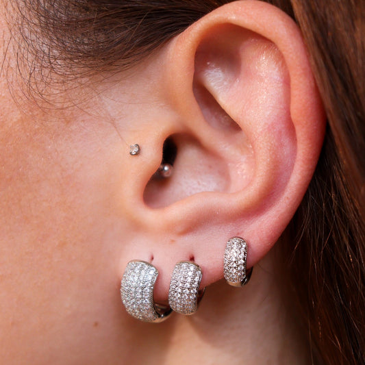 Brinco Trio Argolas Grossas Cravejadas Prateado