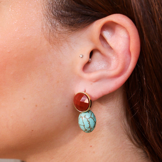 Brinco Cristal Marrom com Pedra Oval Turquesa Dourado