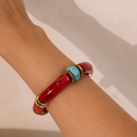 Pulseira Vermelha com Oval Turquesa Dourado