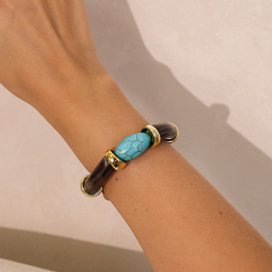 Pulseira Marrom com Oval Turquesa Dourado