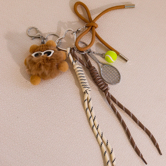 Chaveiro Pompom, Raquete Tênis, Bolinha e Lacinho Nude