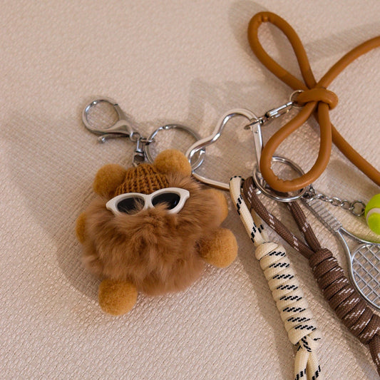 Chaveiro Pompom, Raquete Tênis, Bolinha e Lacinho Nude