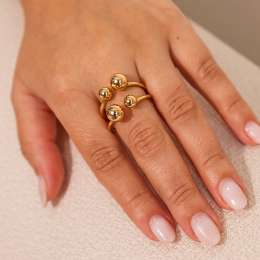 Anel Duplo Liso com 4 Esferas Dourado