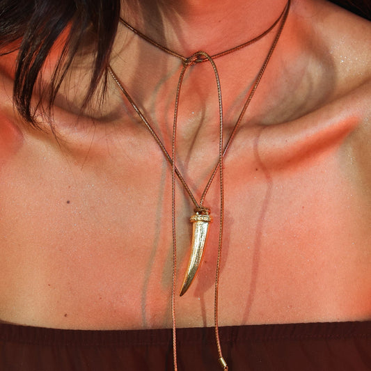 Colar Cordão Marrom com Pingente Dente Dourado